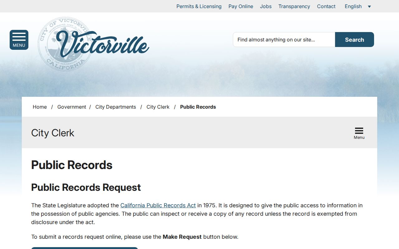 Victorville people search custodian guide on the City Clerk public records page
