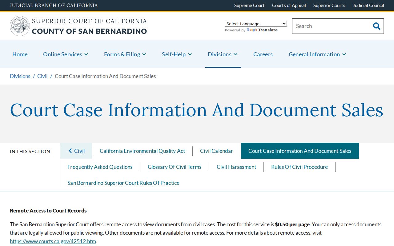Victorville public records court page for civil document access and fees
