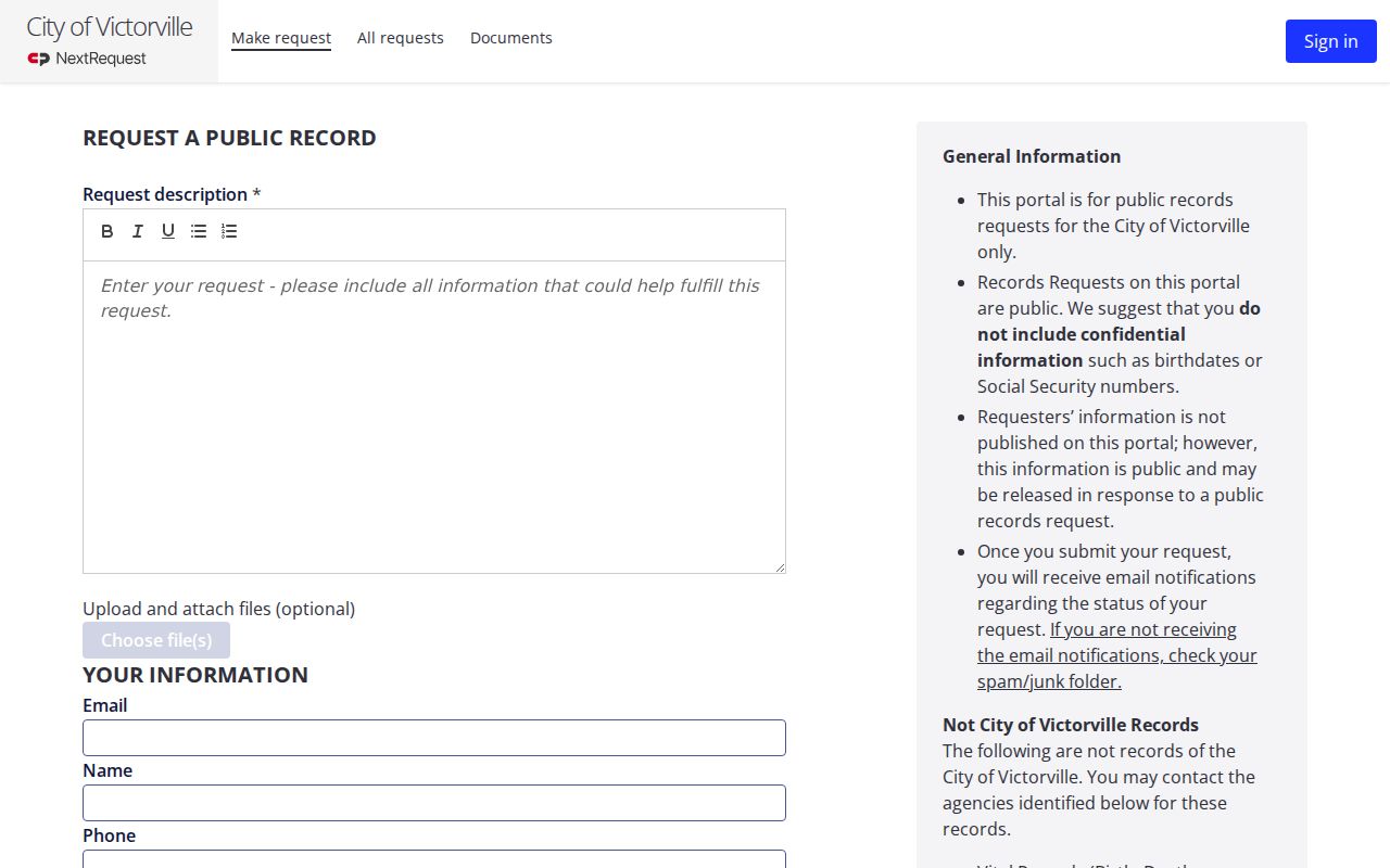 Victorville public records request form in the city NextRequest portal