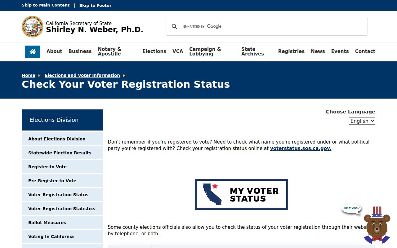 Victorville voter records link on Secretary of State status page